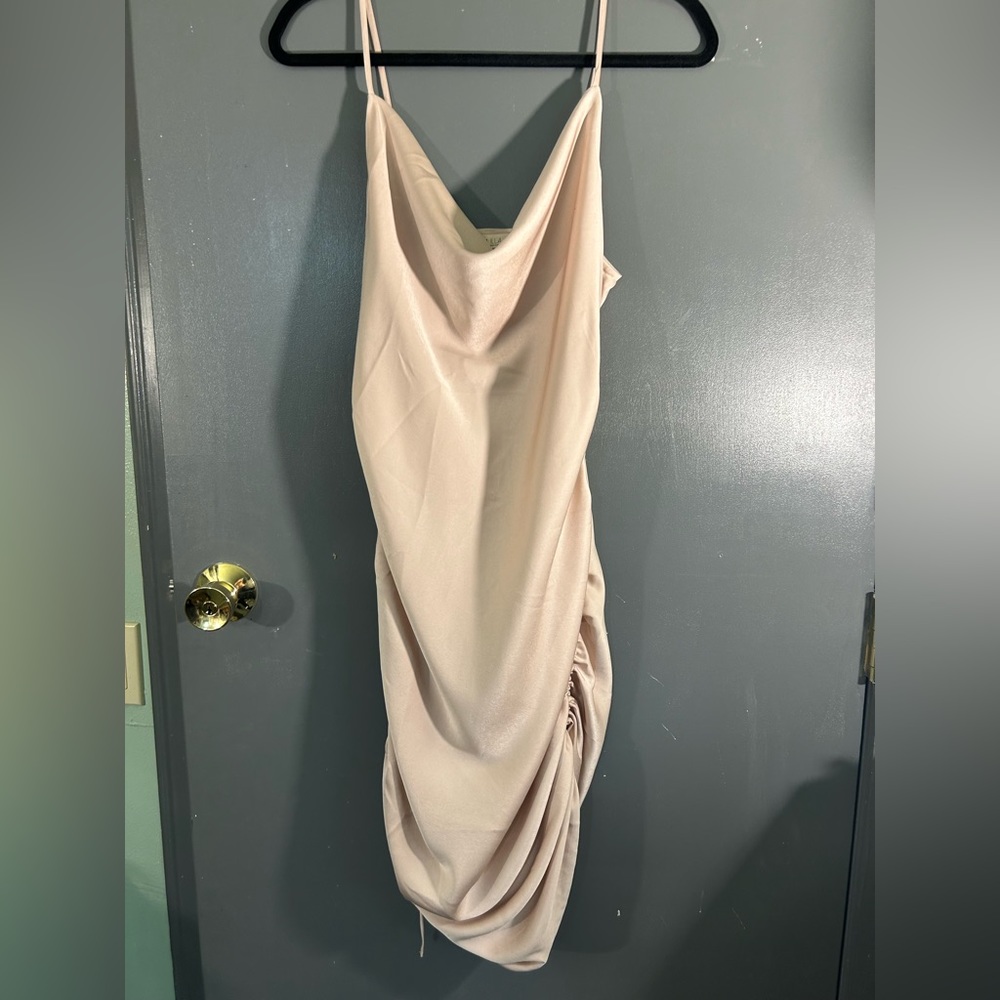 Beige cowl neck ruched sides satin dress